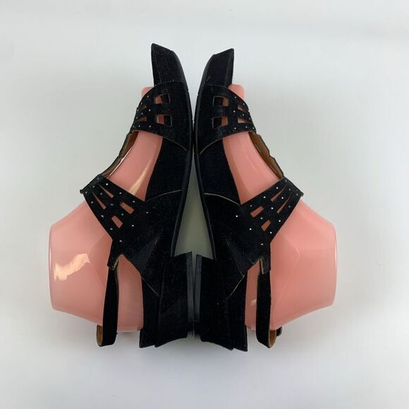 Earthies Tica Slingback Sandal Black Nubuck Leather Rhinestone Low Heel Size 9.5 - Picture 6 of 12